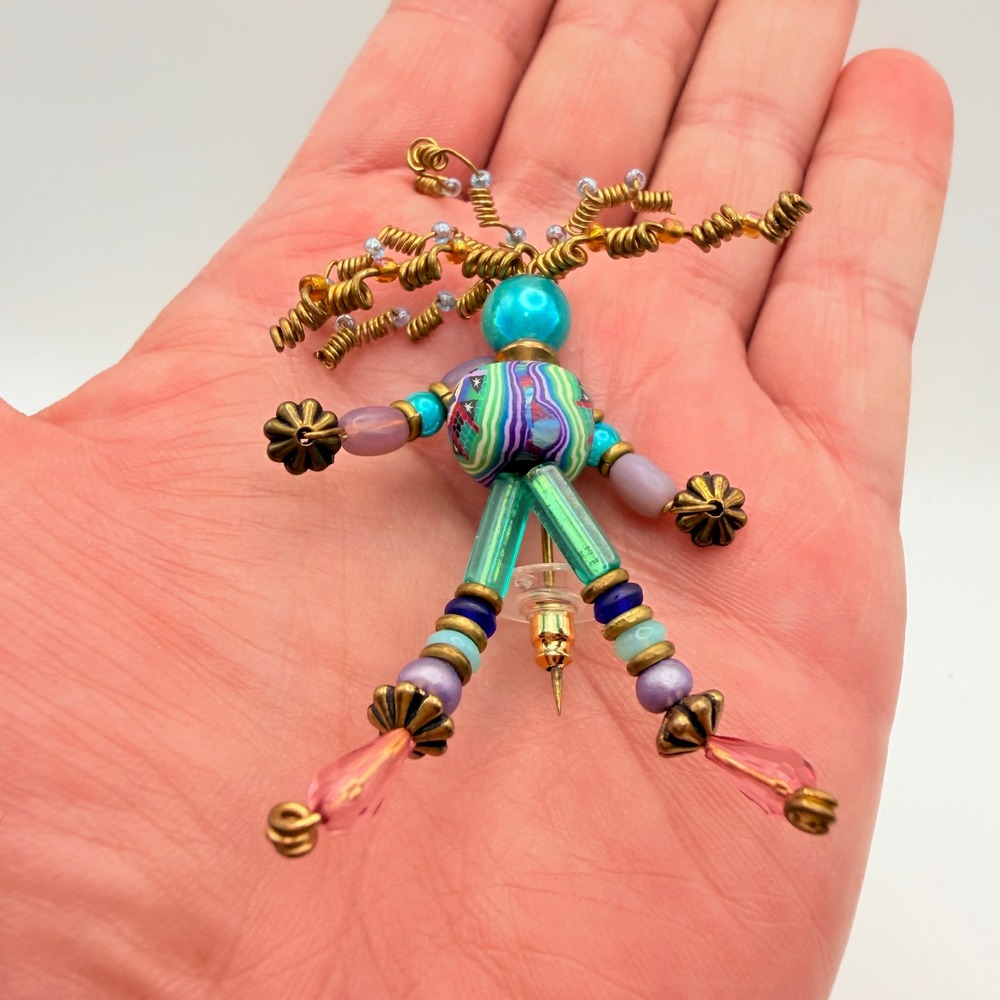 Articulated Beaded Doll Person Brooch Pin Multicolor Wire Folk Art Boho 3"